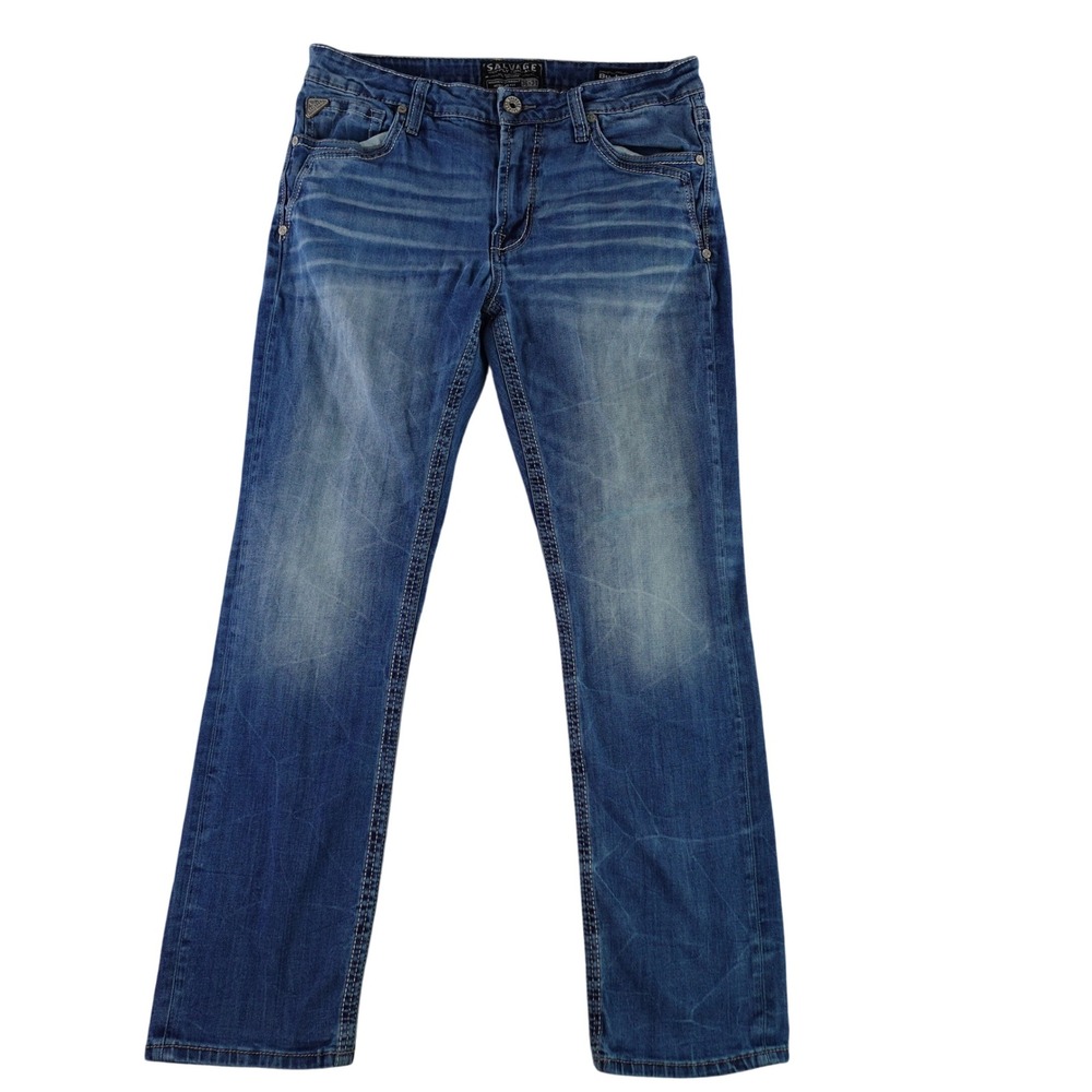 Salvage Mayhem Straight Jeans Mens 36x32 Blue Medium Wash Embroidered Buckle